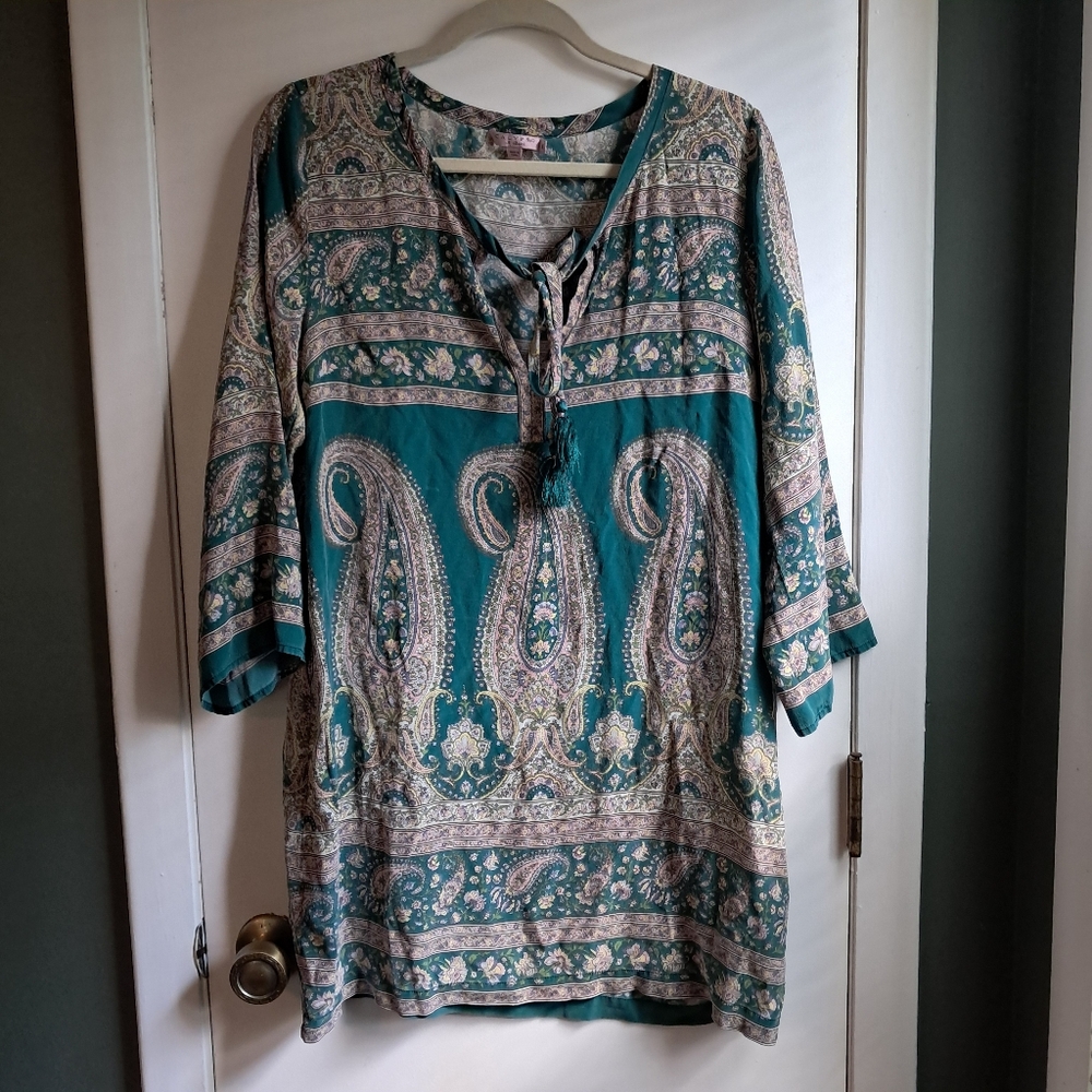 Calypso St. Barth Paisley Print Teal Silk Tunic Top